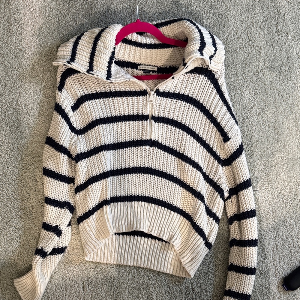 American Eagle Outfitters Cream and Black Striped Cowl Sweater